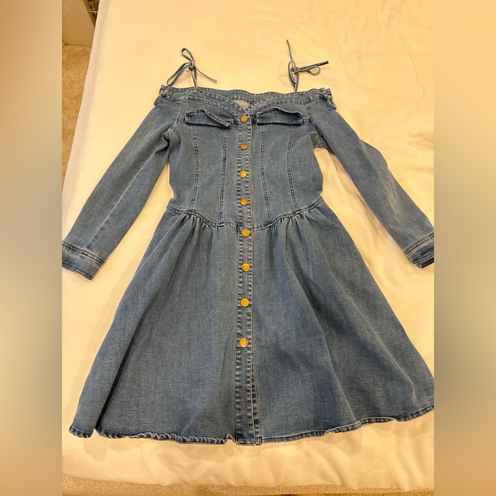 Stylish Blue Off-Shoulder Denim Midi Flare Dress